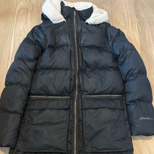 Eddie Bauer Black Sherpa Lined Puffer Jacket with Fleece Hood
